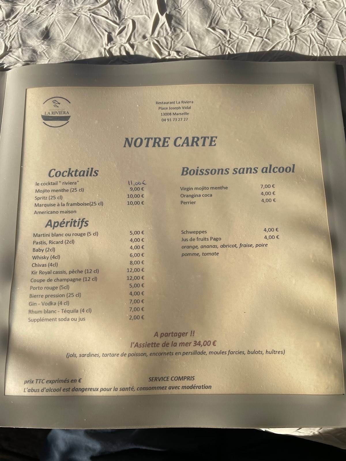 Menu de La Riviera - Restaurant Marseille