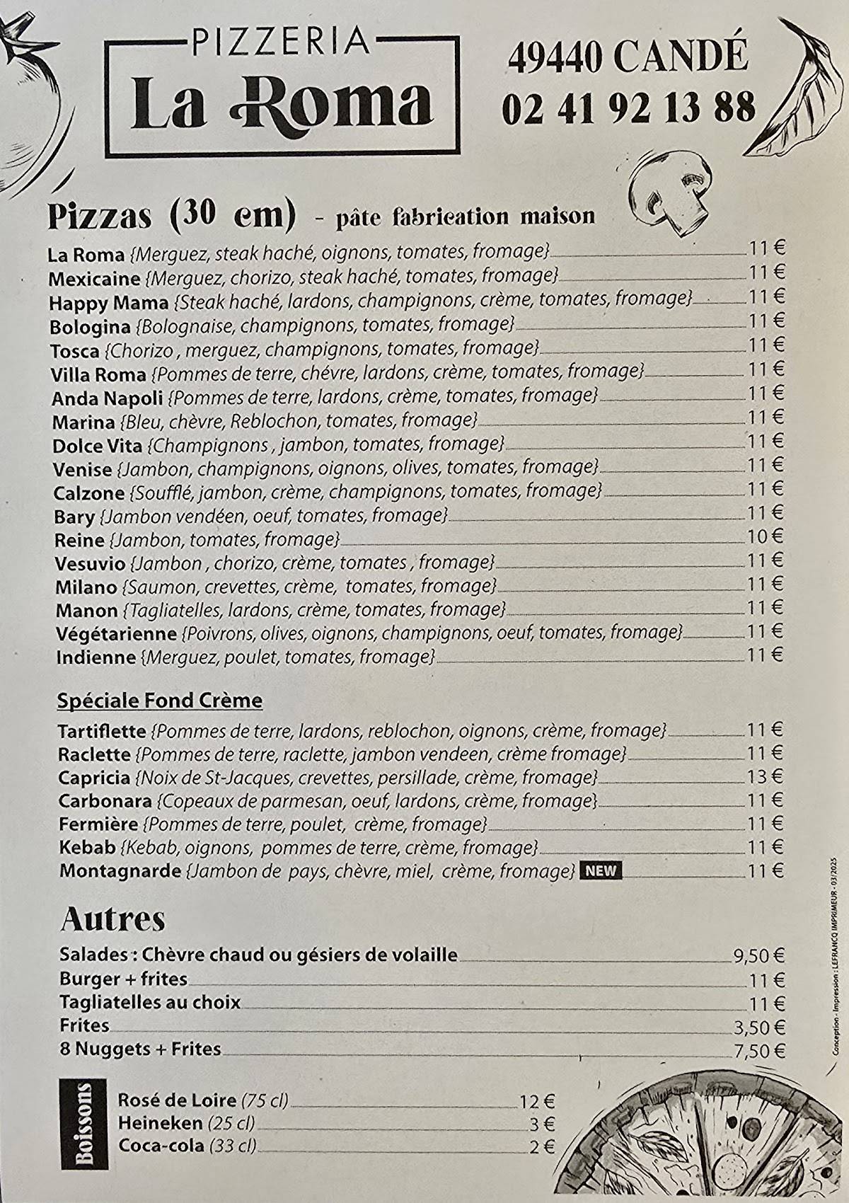 Menu de Pizzeria La Roma