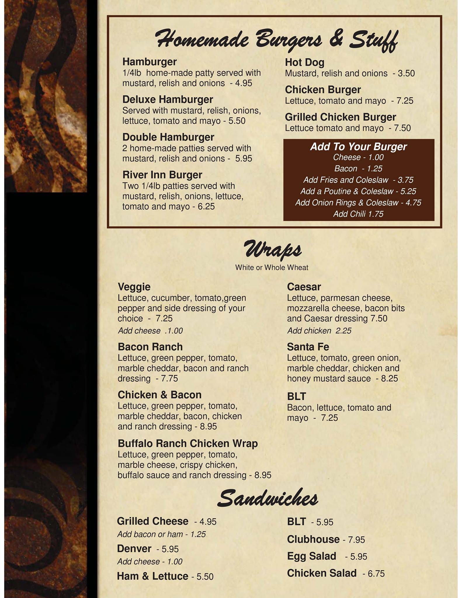 Menu at La Salle River Inn restaurant, La Salle