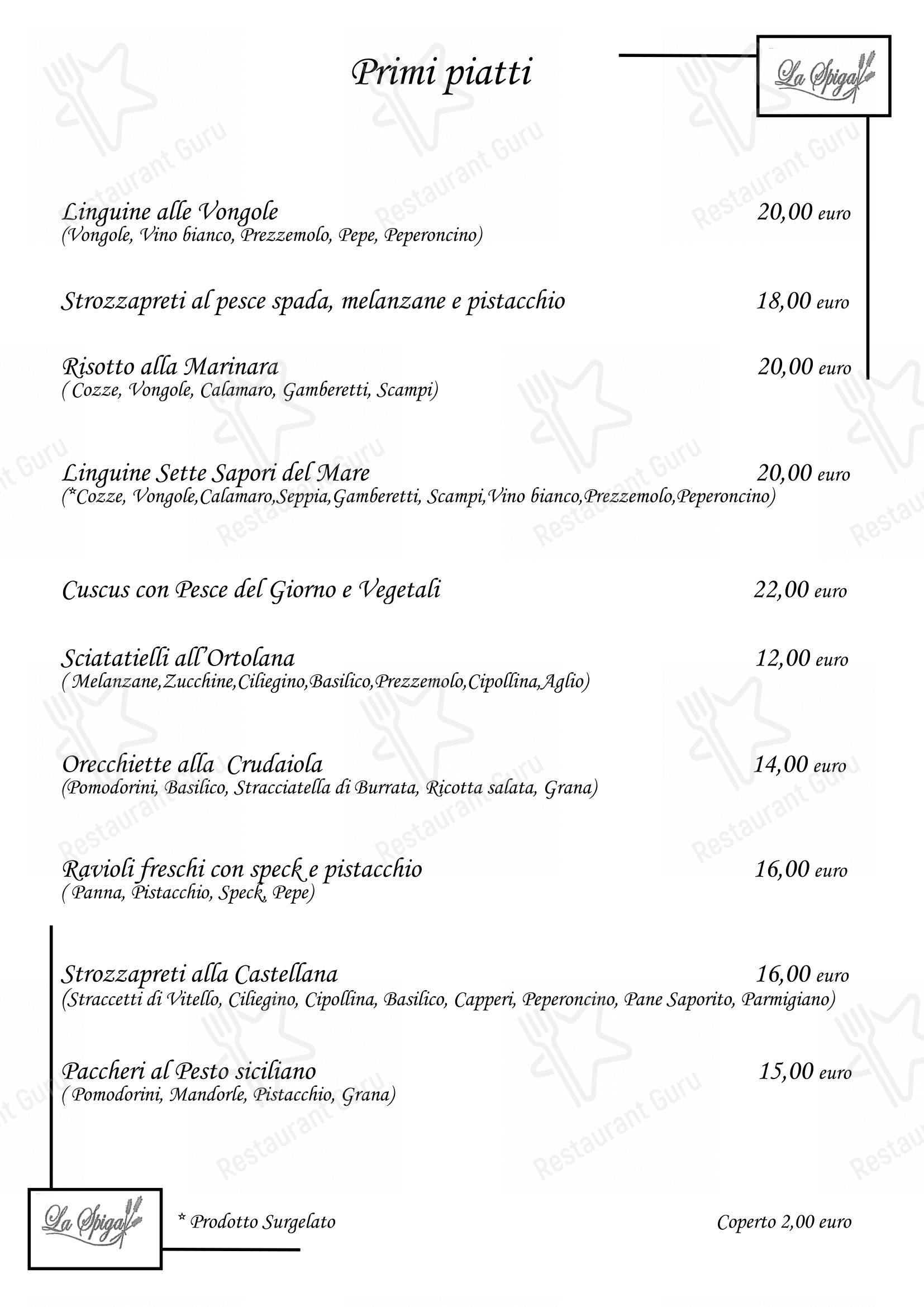 Menu di La Spiga Ristorante Pizzeria - Menu