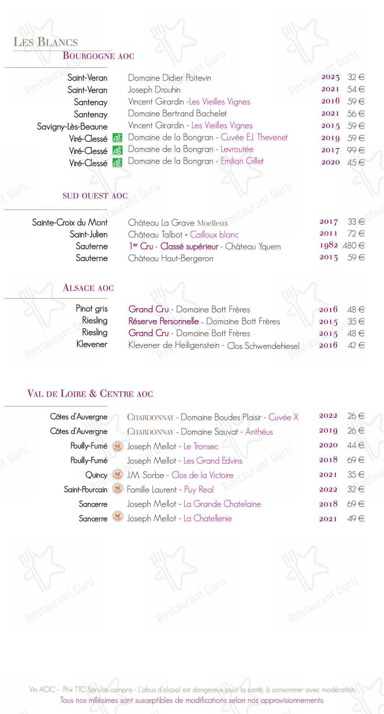 Menu pour La Table du Donjon dans Oingt