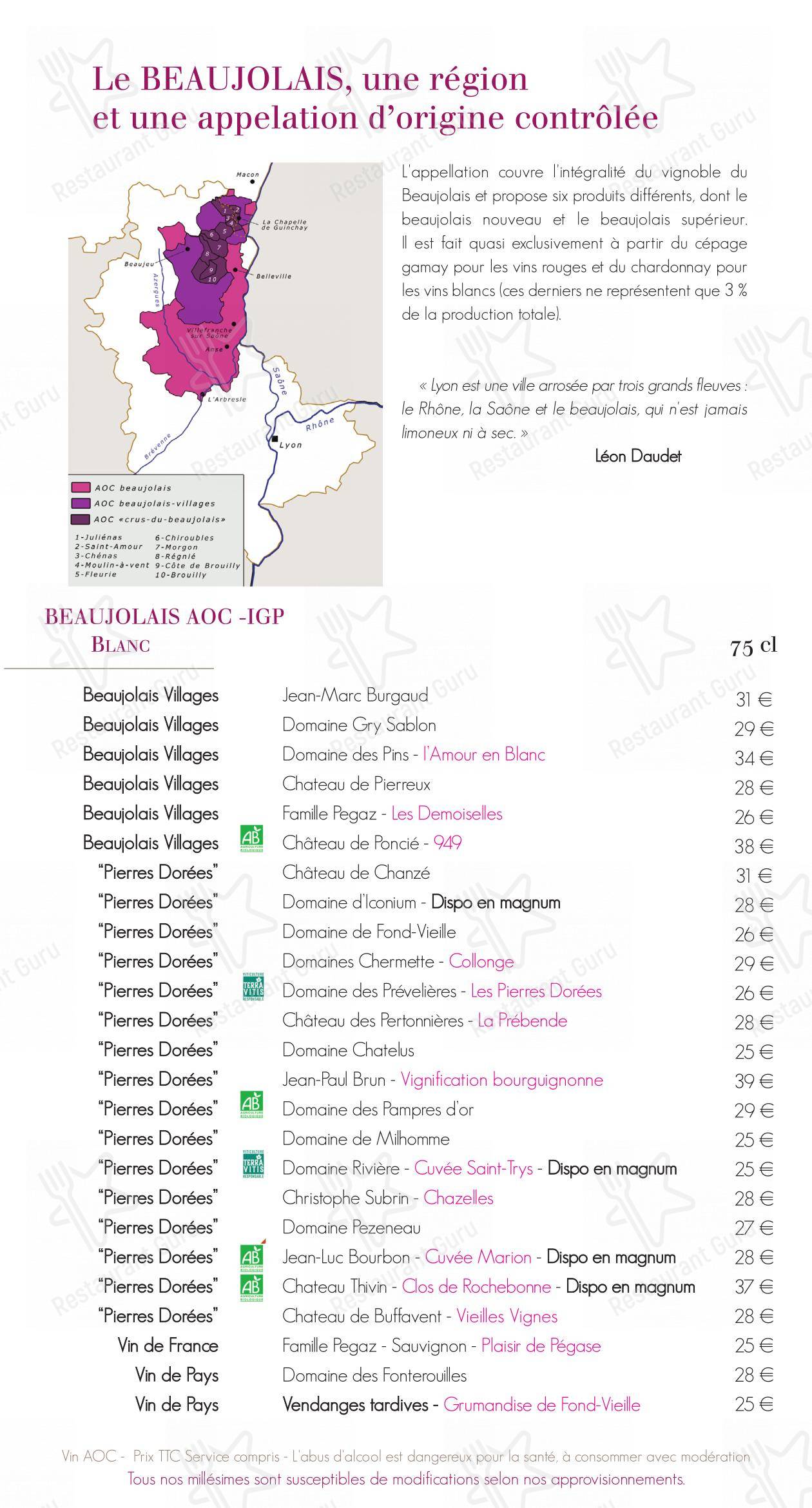 Menu pour La Table du Donjon restaurant