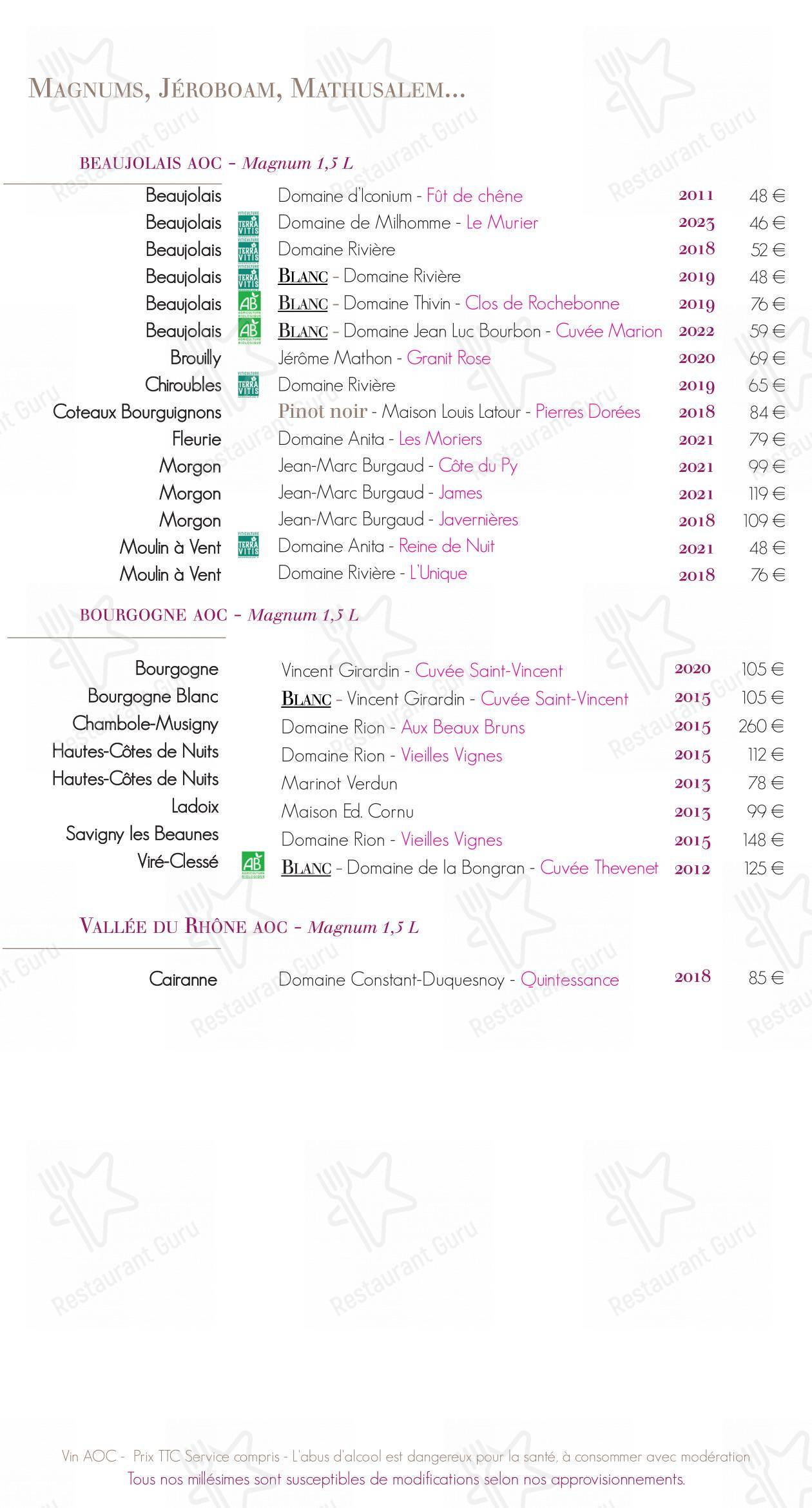 La Table du Donjon dans Oingt - Menu