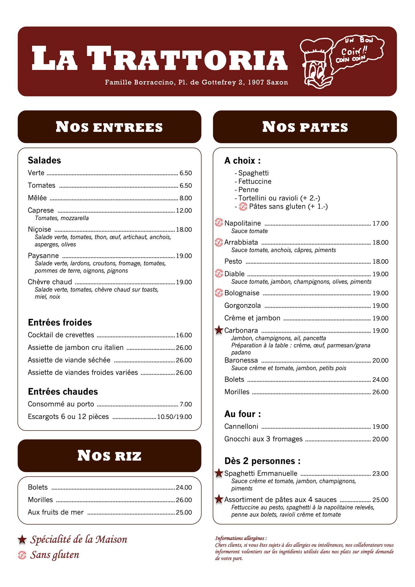 Menu da La Trattoria, Saxon
