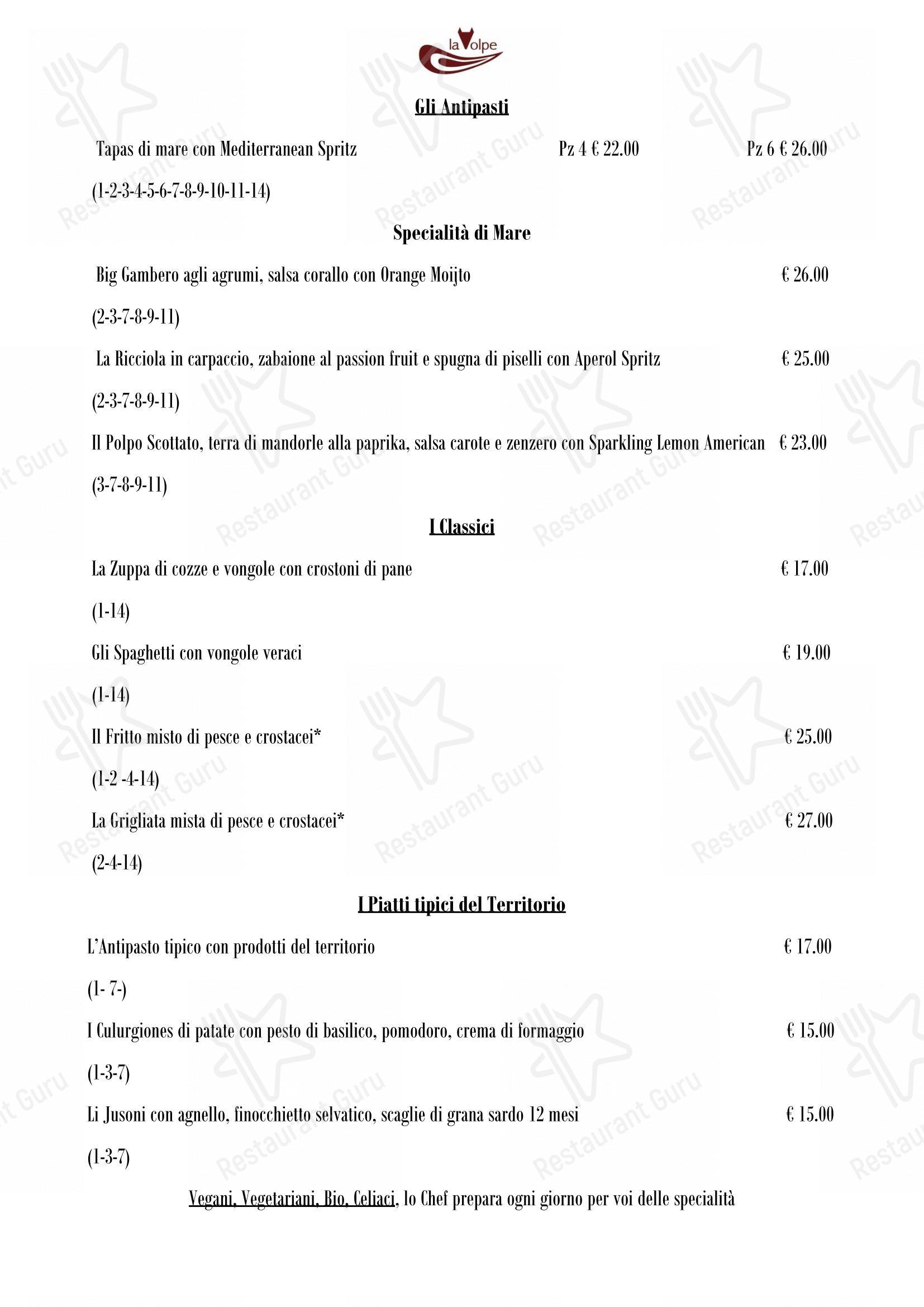 Menu per La Volpe pizzeria