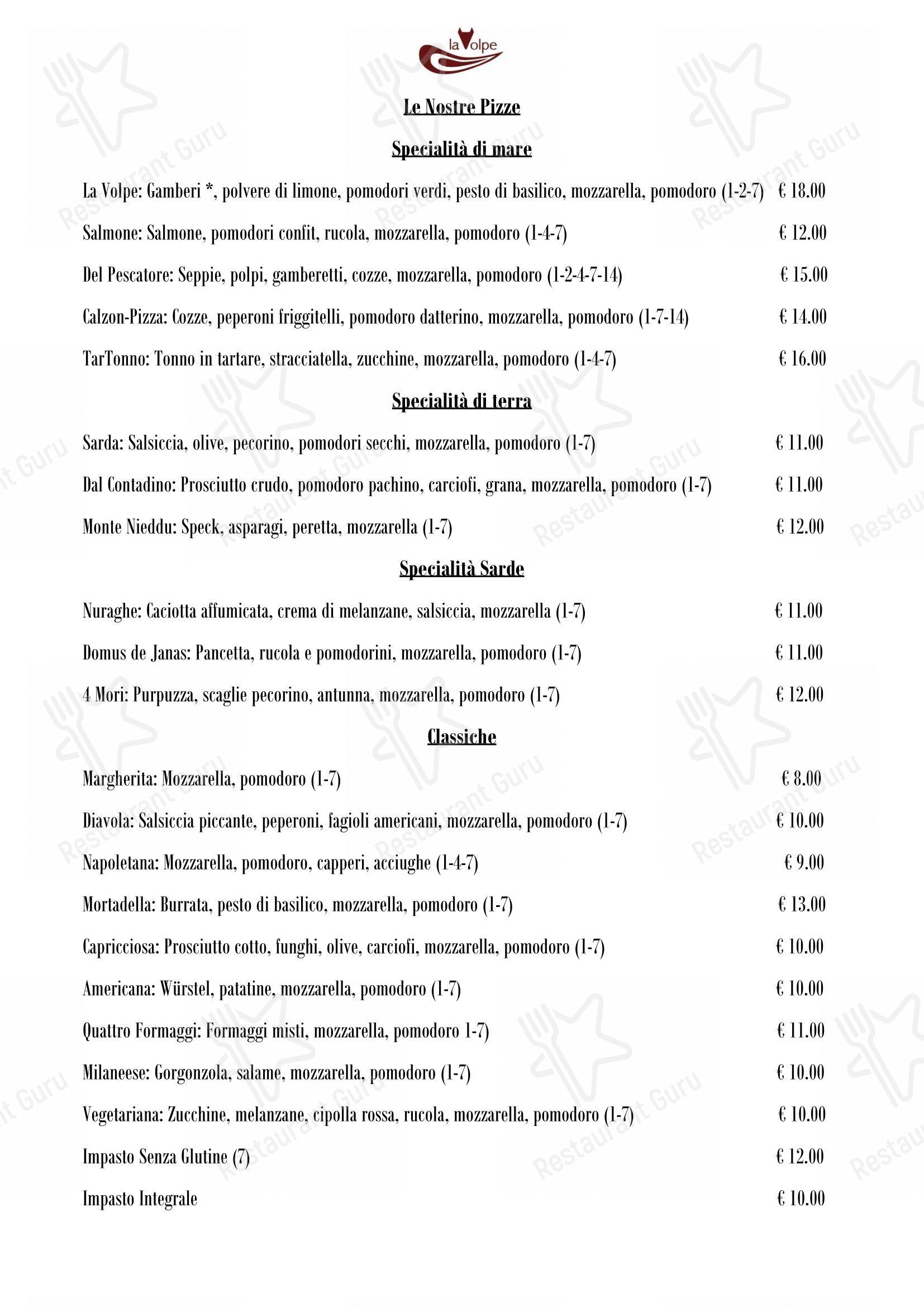 La Volpe in Tanaunella - Menu