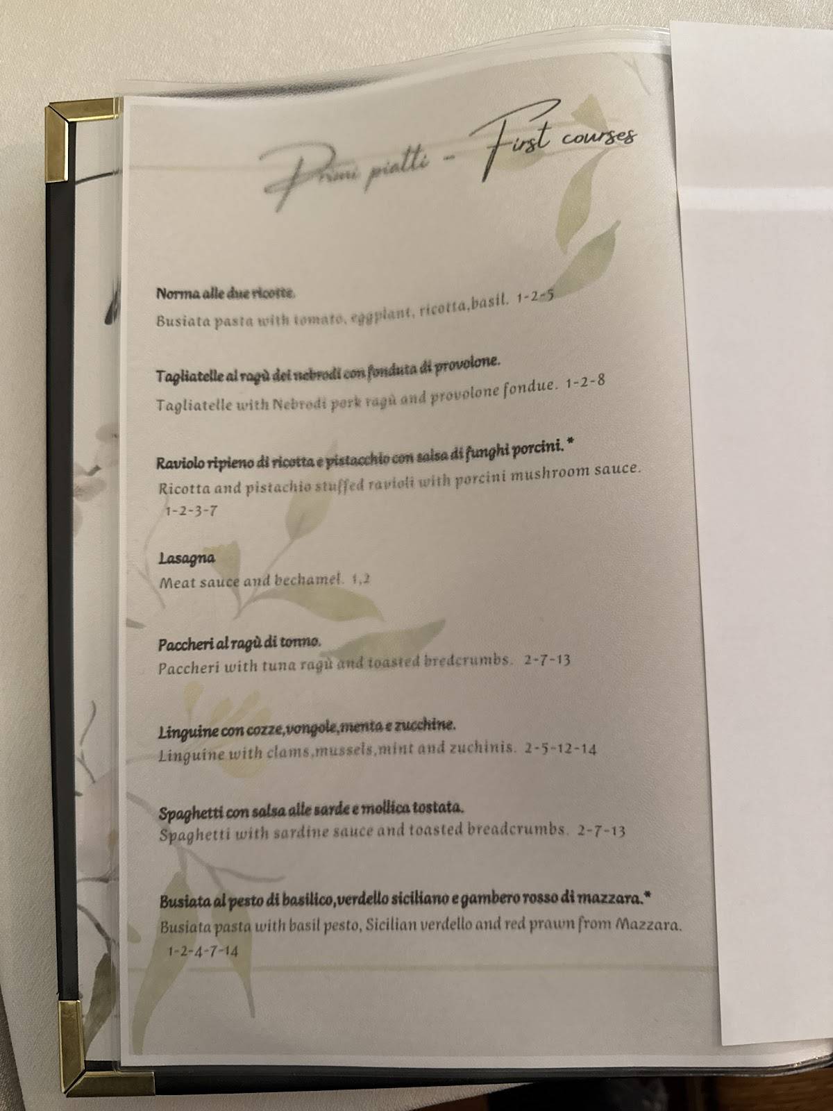 Menu di La Zagara 