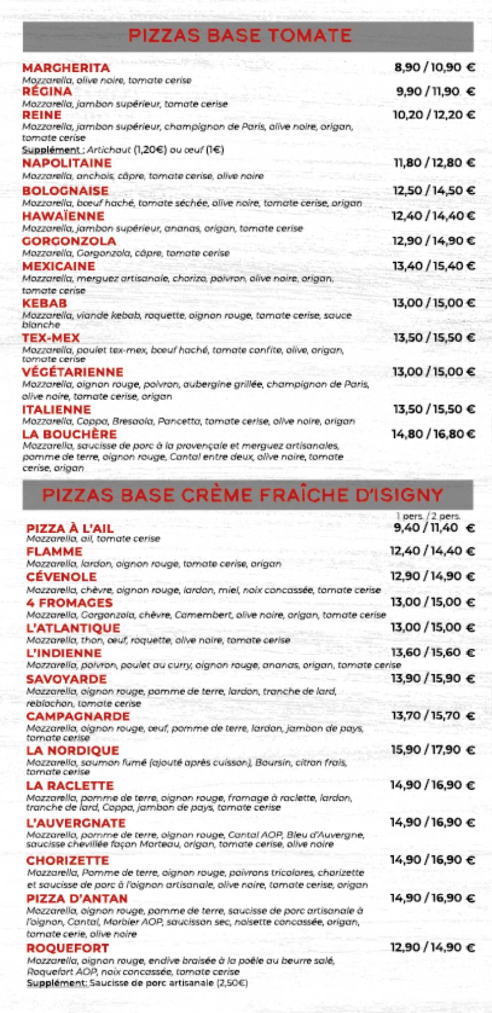 Menu de La Cabane À Pizza
