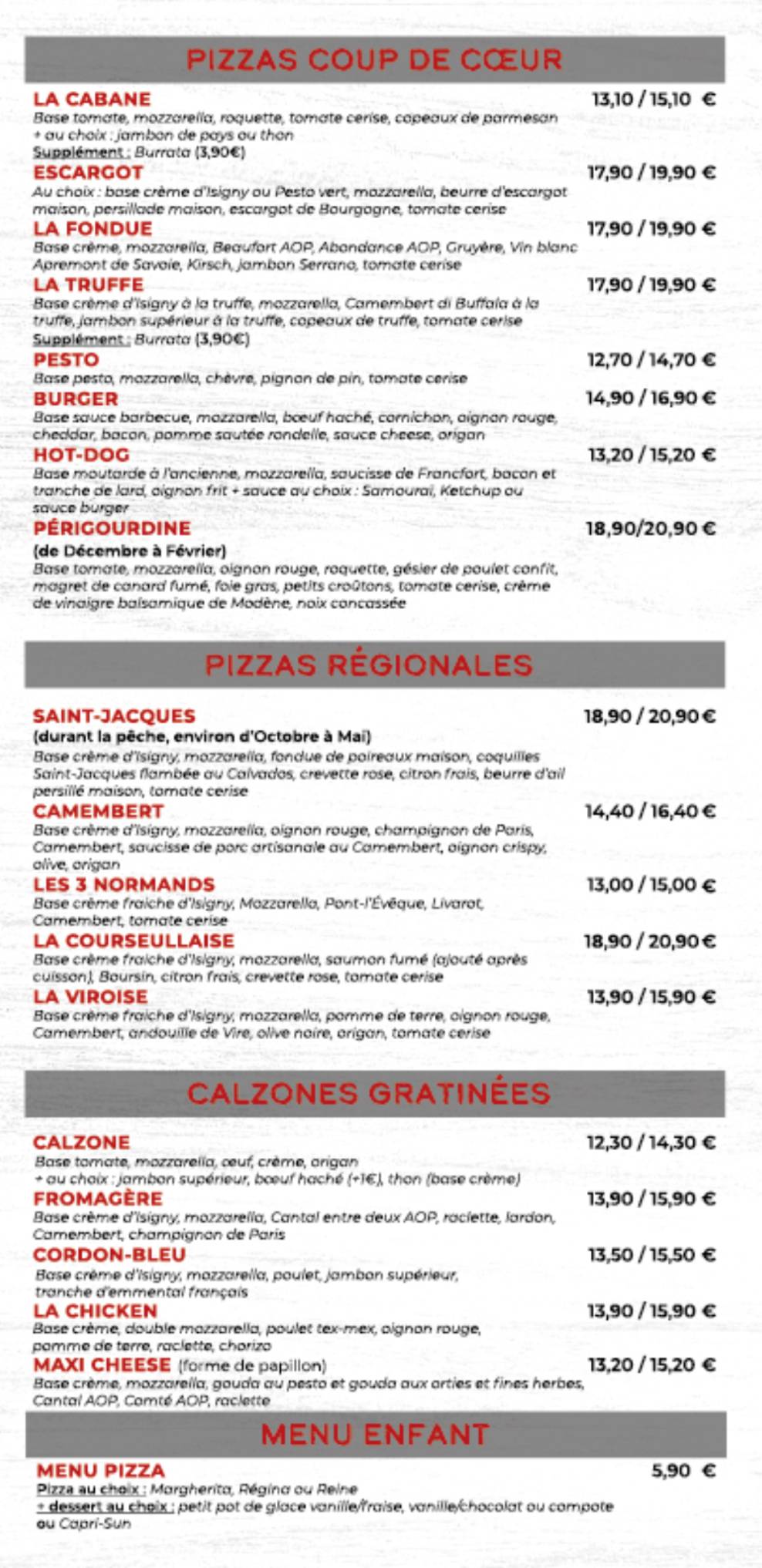 Menu de La Cabane À Pizza
