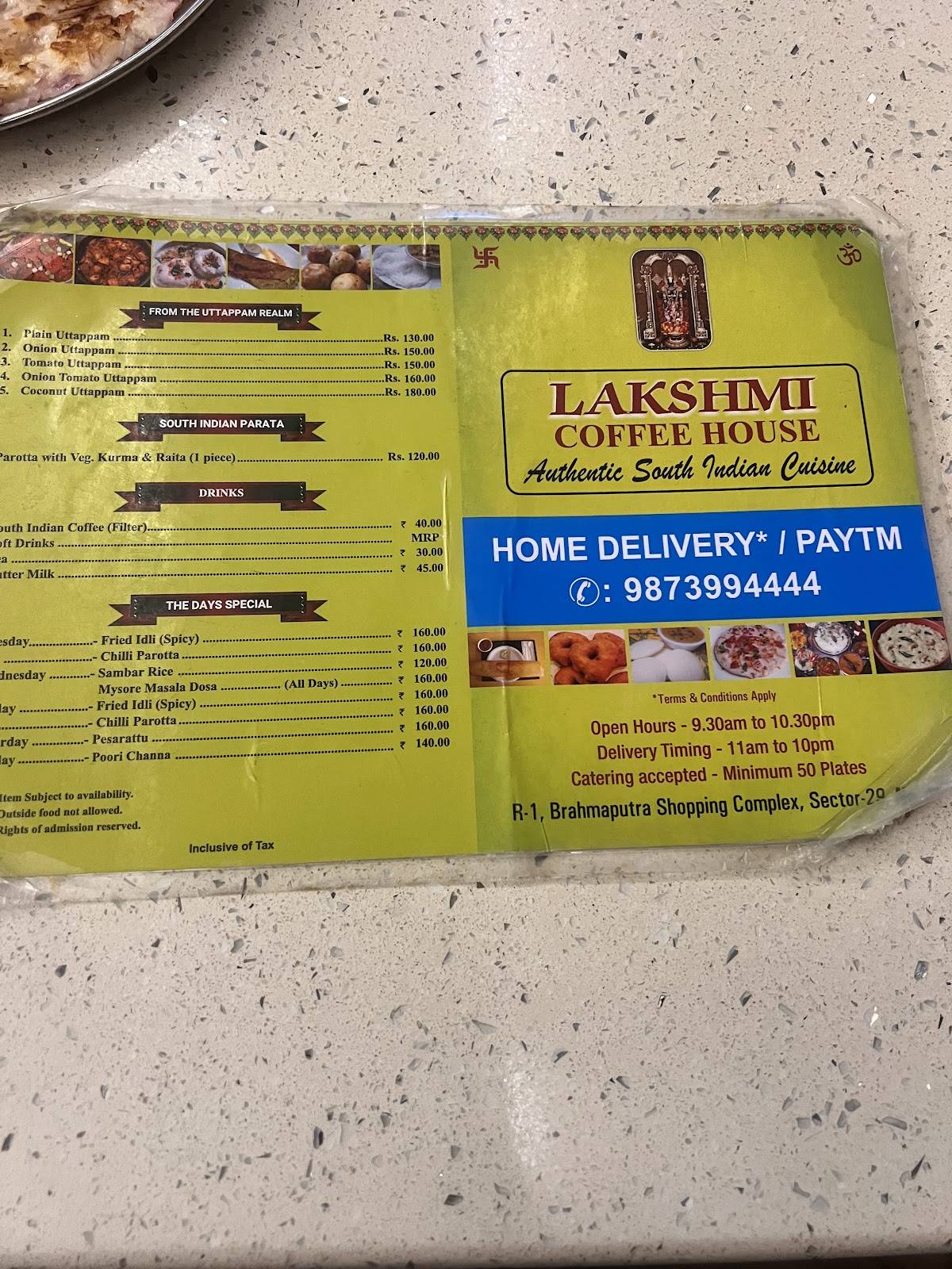 Lakshmi Coffee House menu
