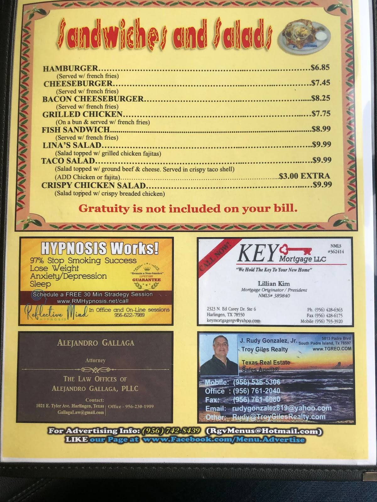 Menu at Las Vegas Cafe, Harlingen