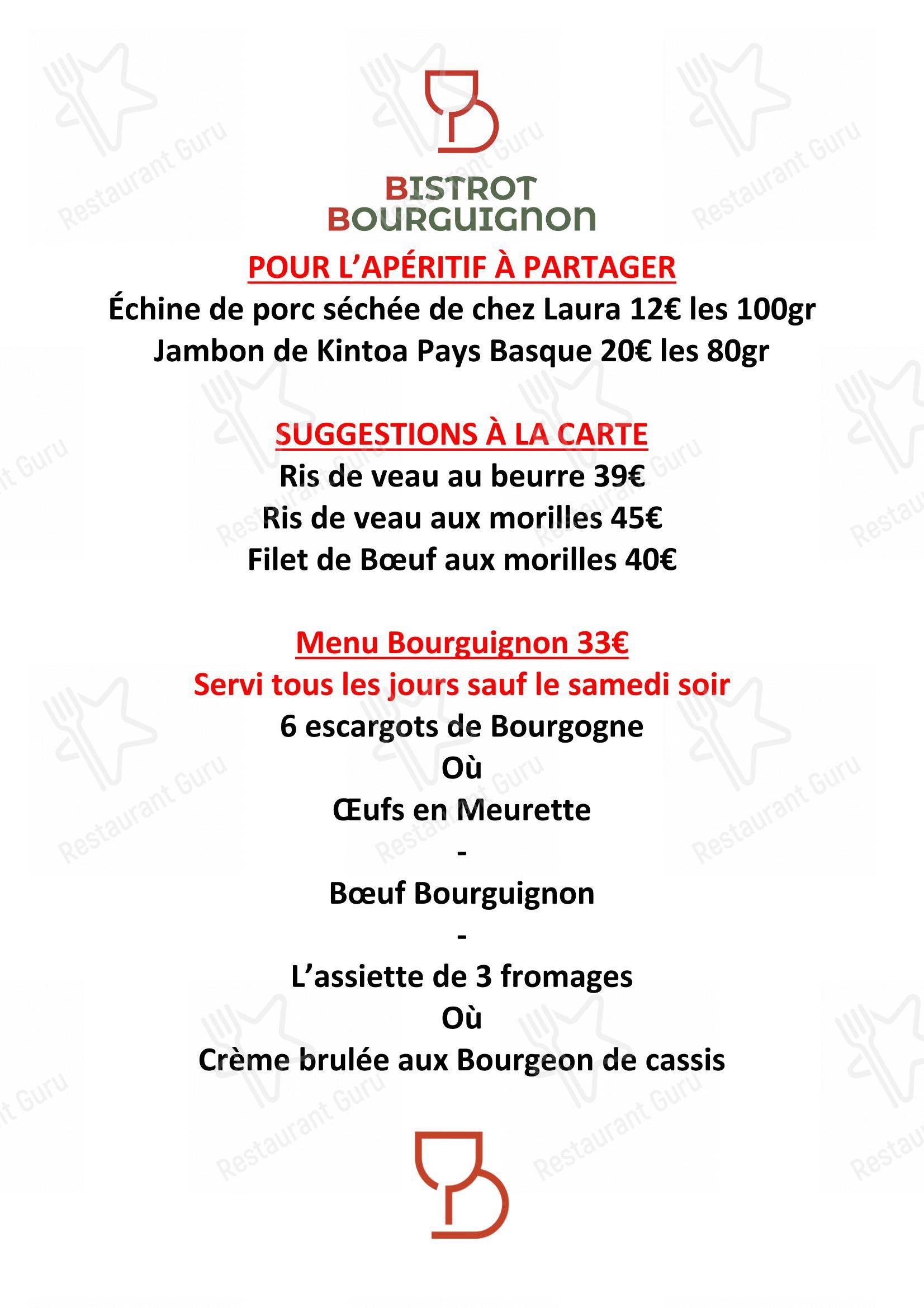 Menu pour Le Bistrot Bourguignon restaurant