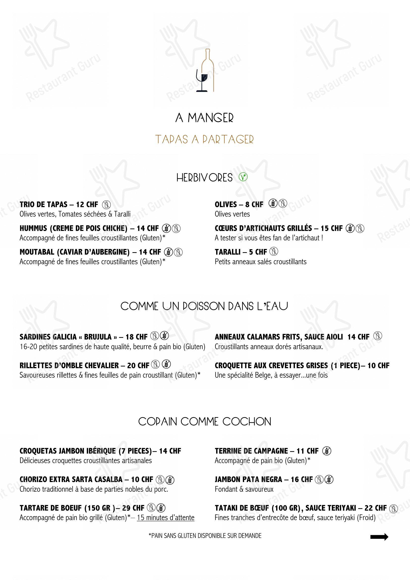 Menu per Le Cheval Blanc - Bar à vin & à manger in Nyon