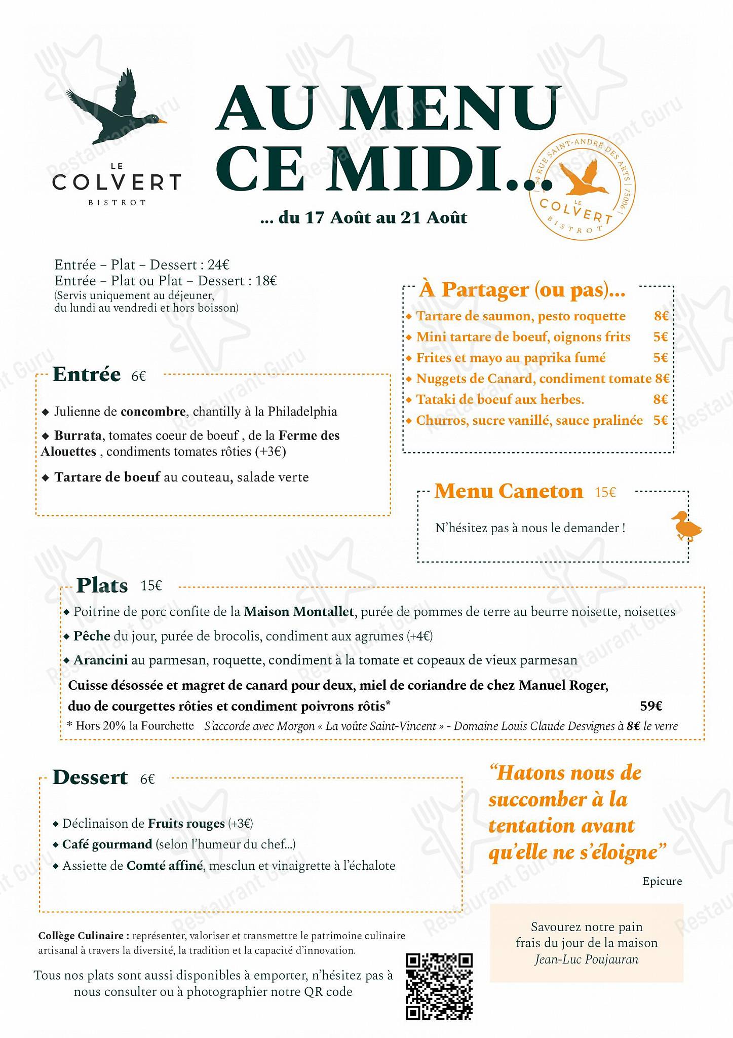 Colvert dans Paris - Breakfast Menu
