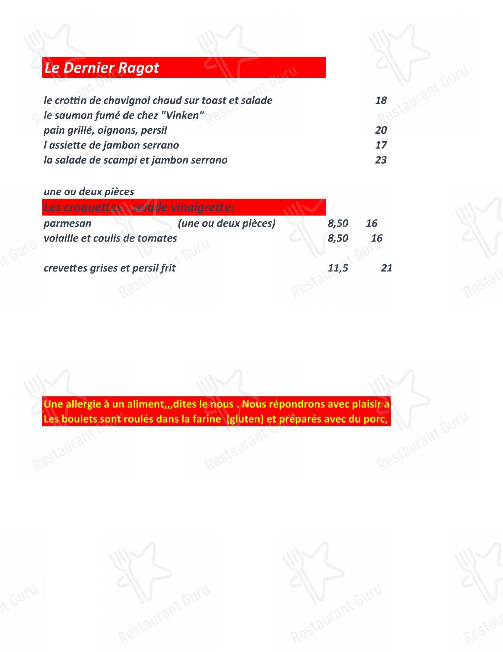 Le Dernier Ragot dans Liège - Menu