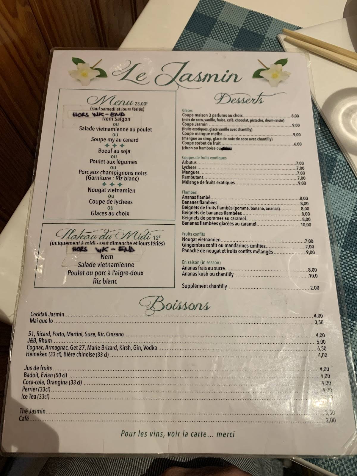 Menu de Le Jasmin