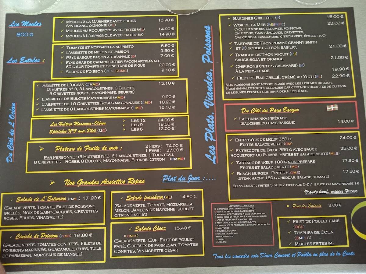 Menu au Le Parasol restaurant, Royan, Plage de Foncillon Plage de Foncillon