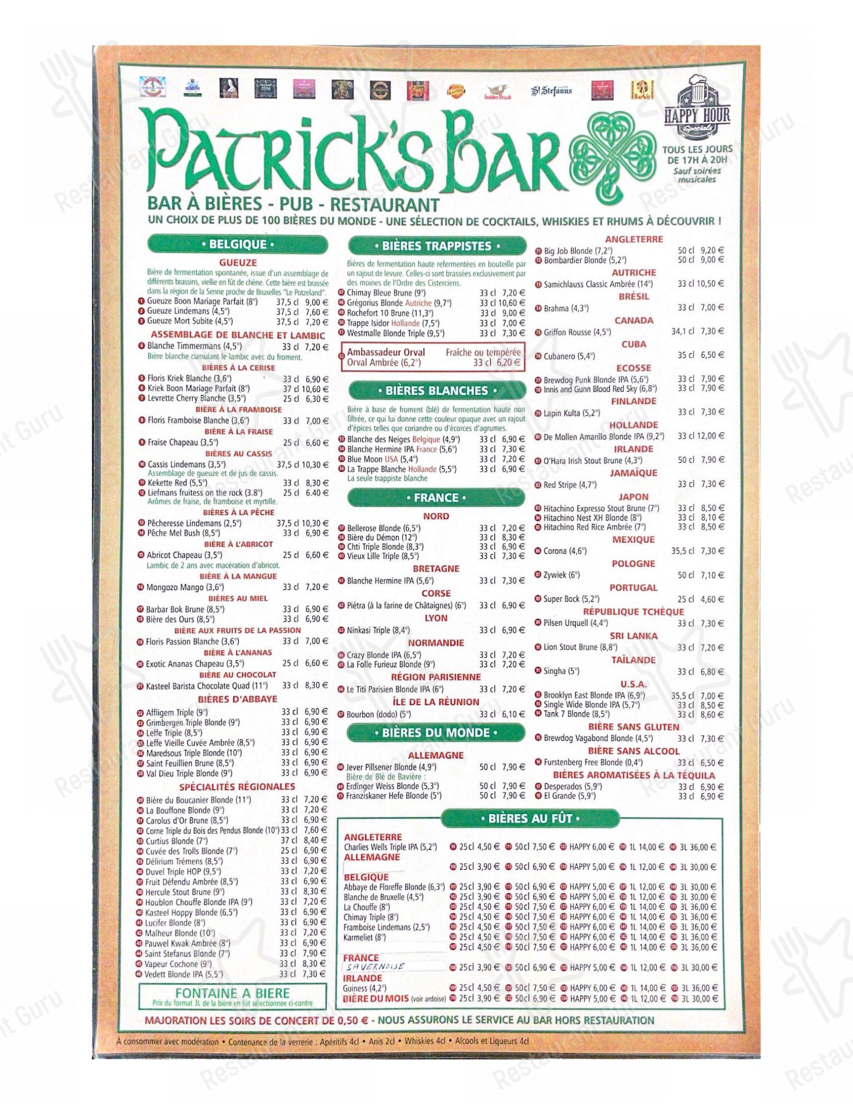 Menu pour Le Saint Patrick pub et bar