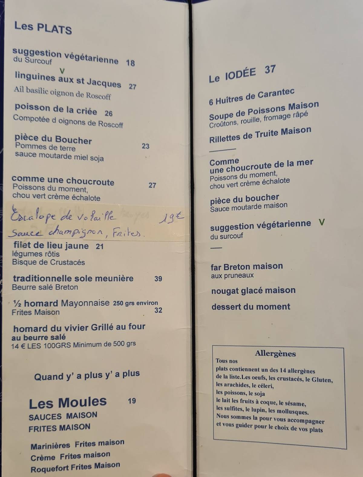 Menu de Brasserie Restaurant le Surcouf