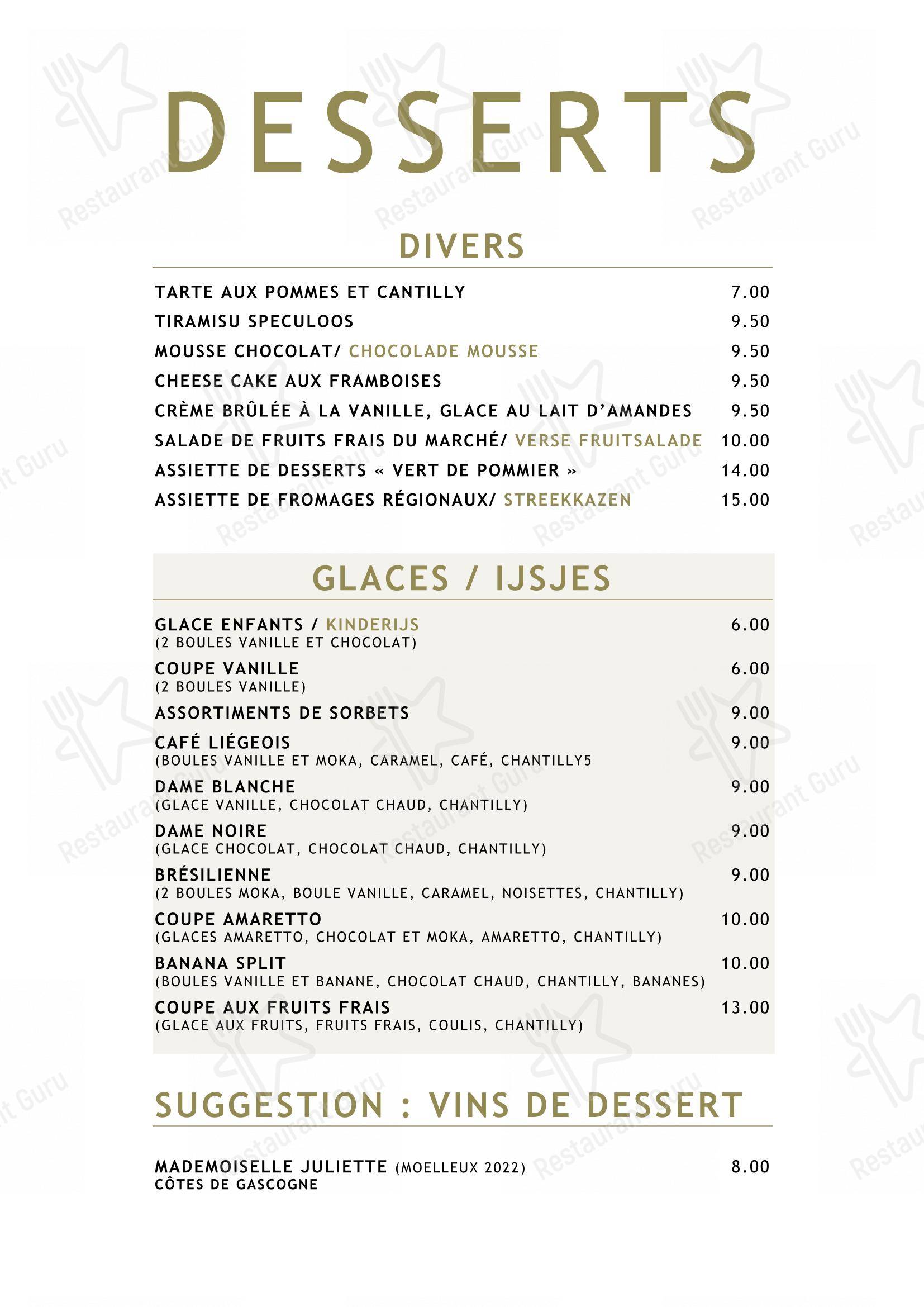 Основное меню pour Le Vert de Pommier restaurant