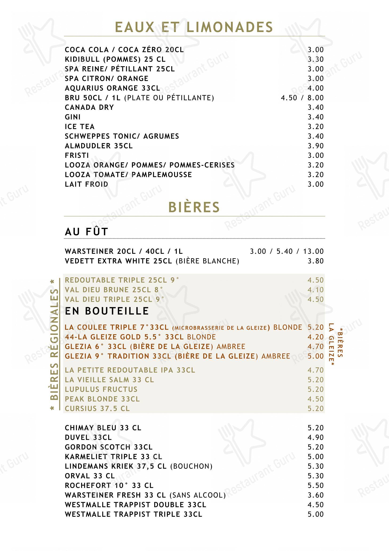 Menu pour Le Vert de Pommier - plats et boissons