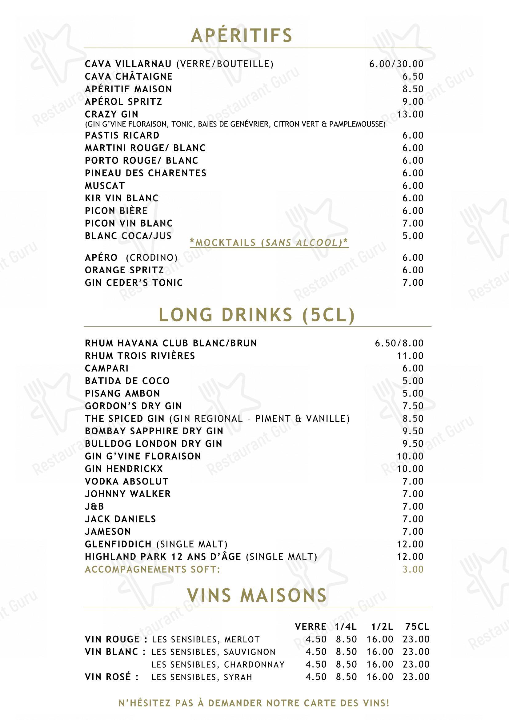 Menu pour Le Vert de Pommier - plats et boissons