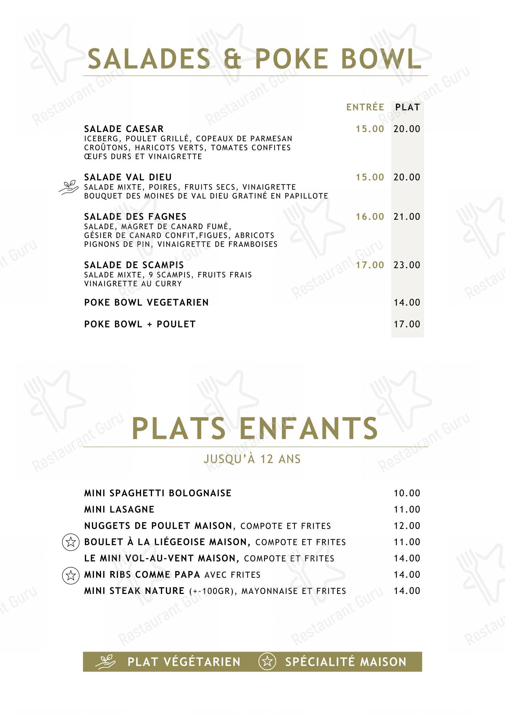 Menu pour Le Vert de Pommier - repas et boissons