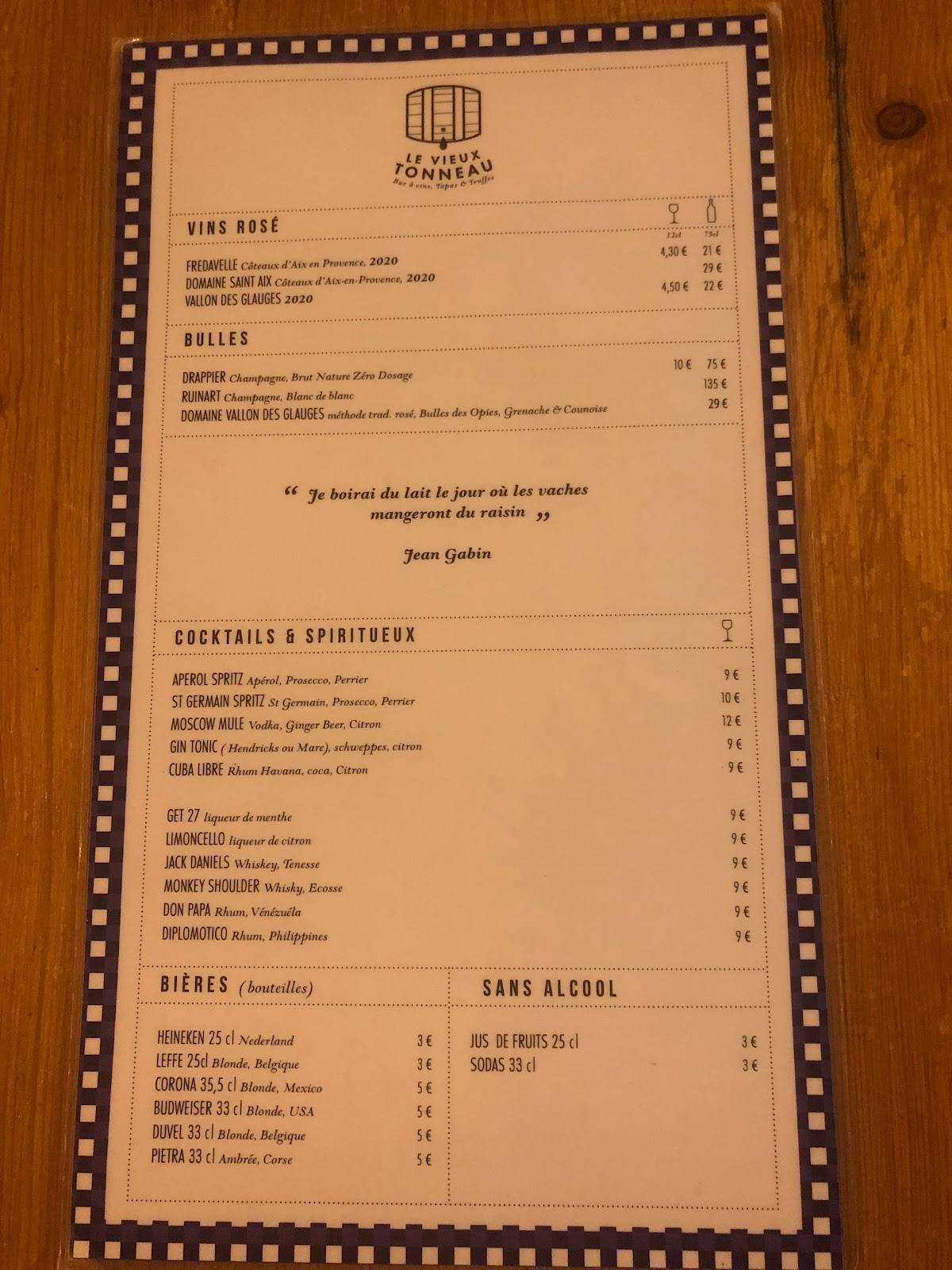 Menu de Le Vieux tonneau
