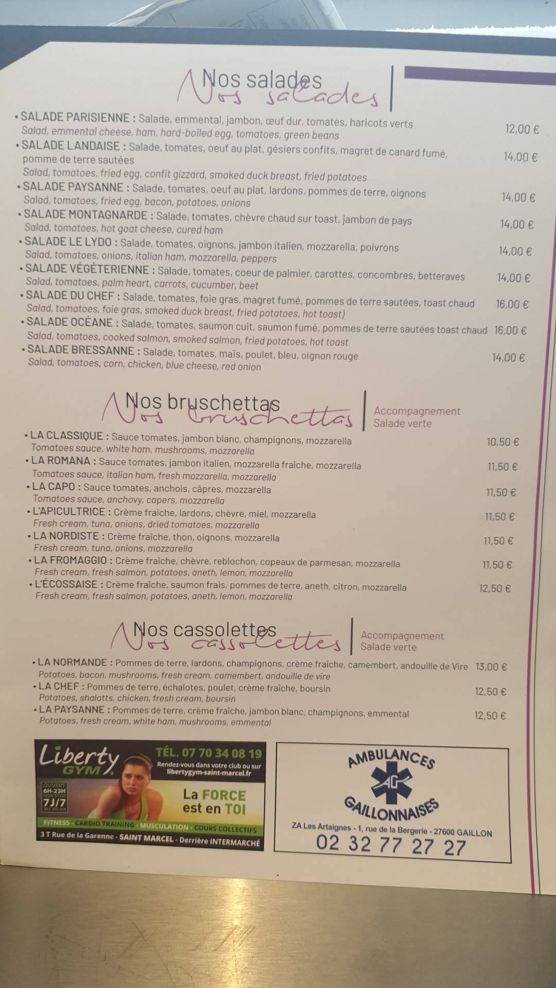 Menu de Le Lydo