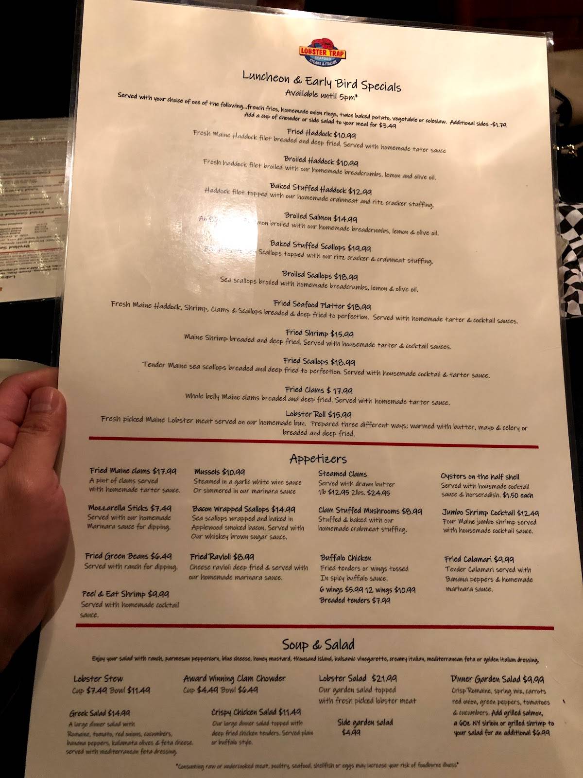 Menu at Lobster Trap restaurant, Conway, West Side Rd