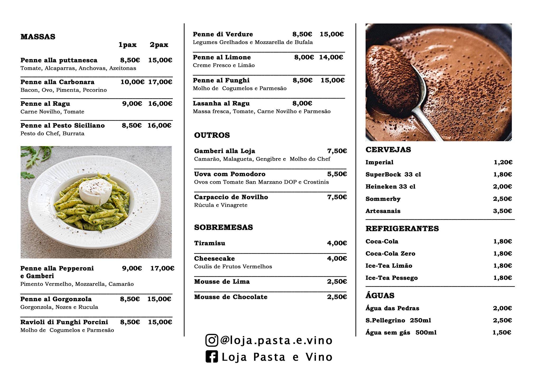 Menu em Loja Pasta & Vino restaurante, Lisboa