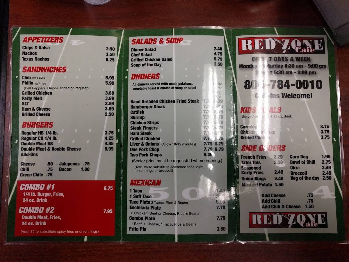 Menu at Red Zone Cafe, Lubbock, Slide Rd