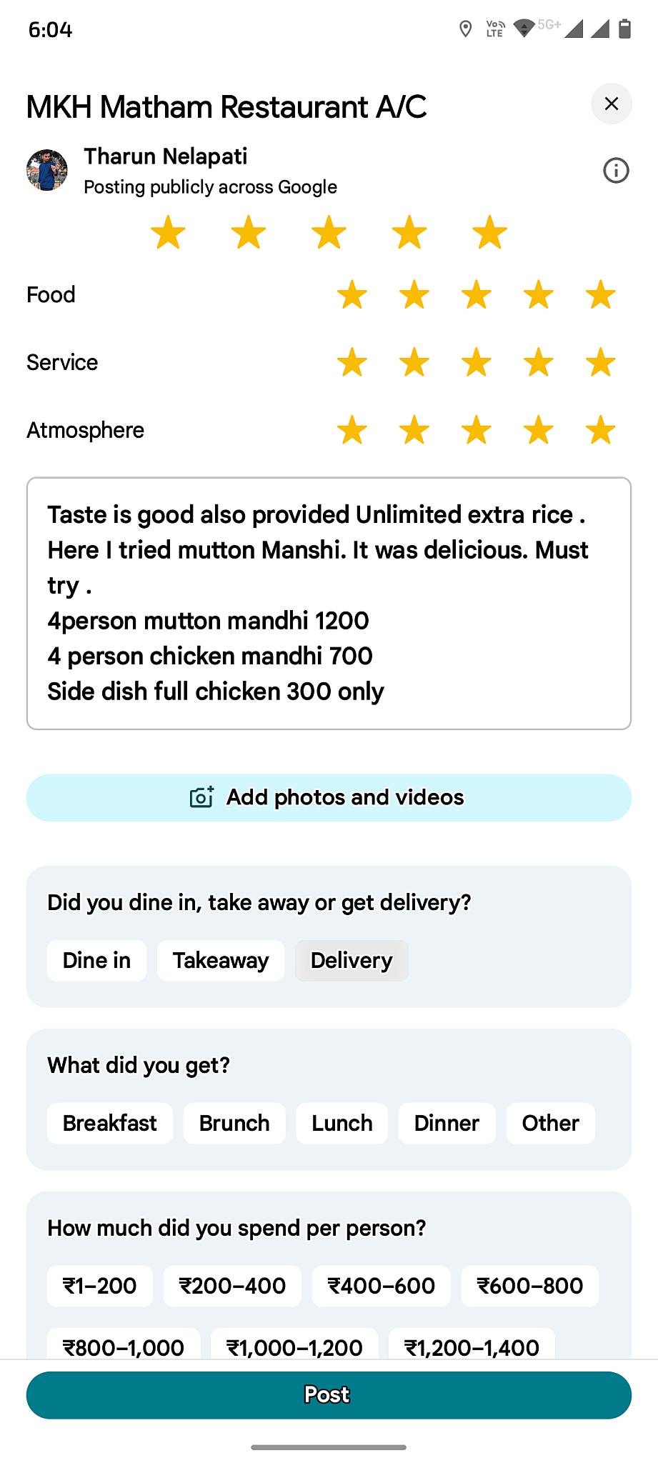 MKH Matham Restaurant A/C menu