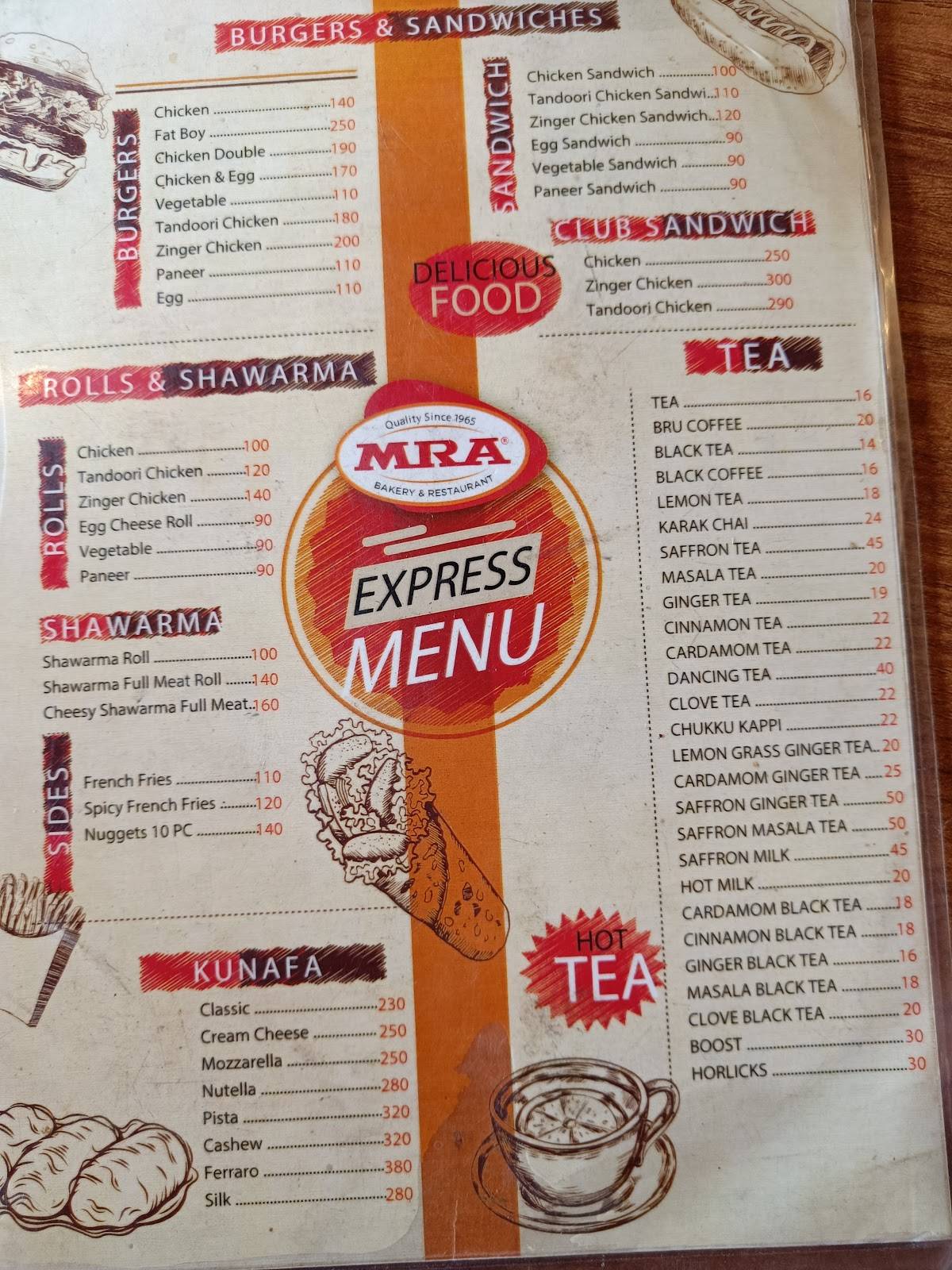 MRA Bakery & Grill menu