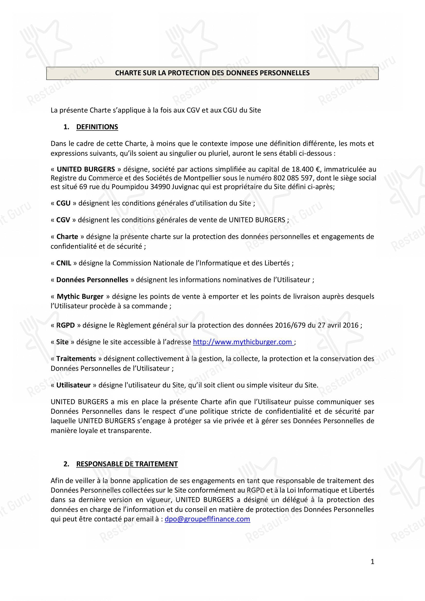 Menu bar pour MYTHIC BURGER Colomiers dans Colomiers