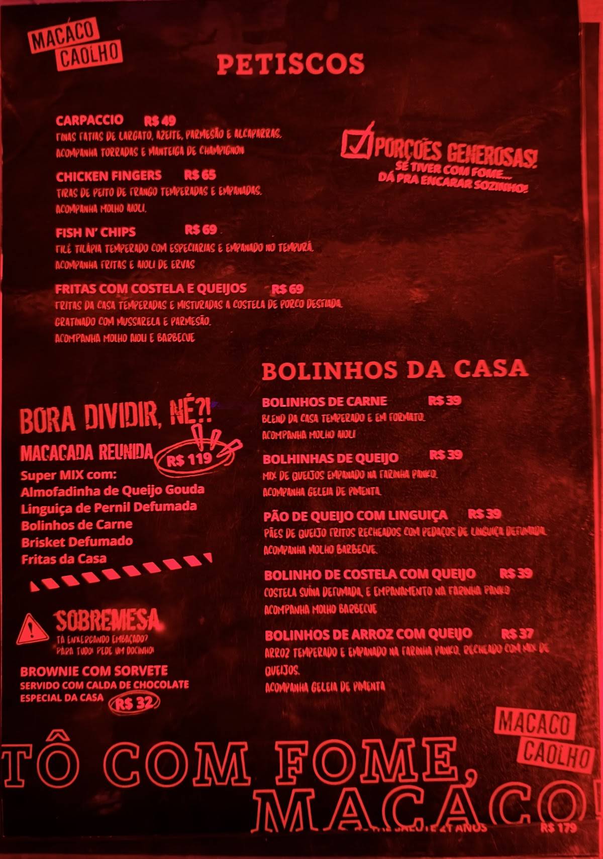 Macaco Caolho Rock 'N Drinks cardápio