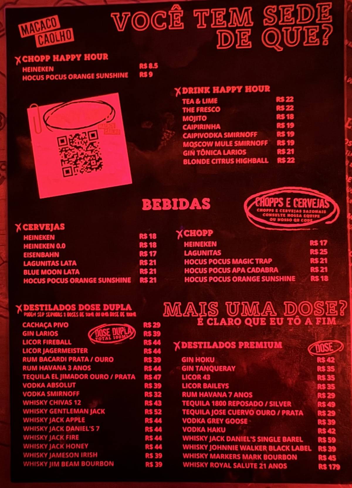 Macaco Caolho Rock 'N Drinks cardápio