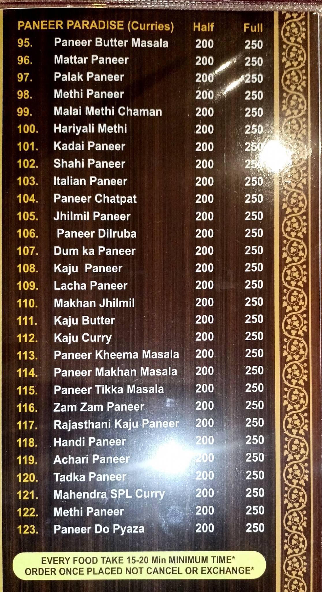 Mahendra family dhaba menu