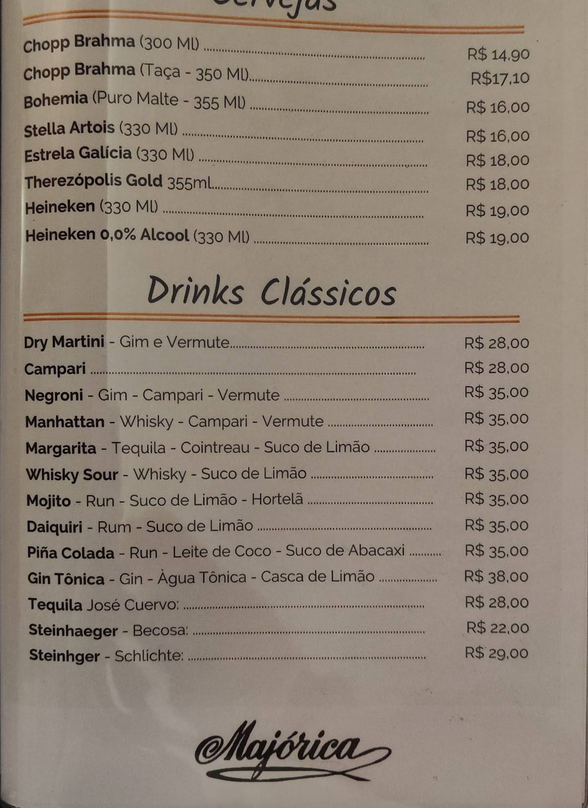 Majórica cardápio