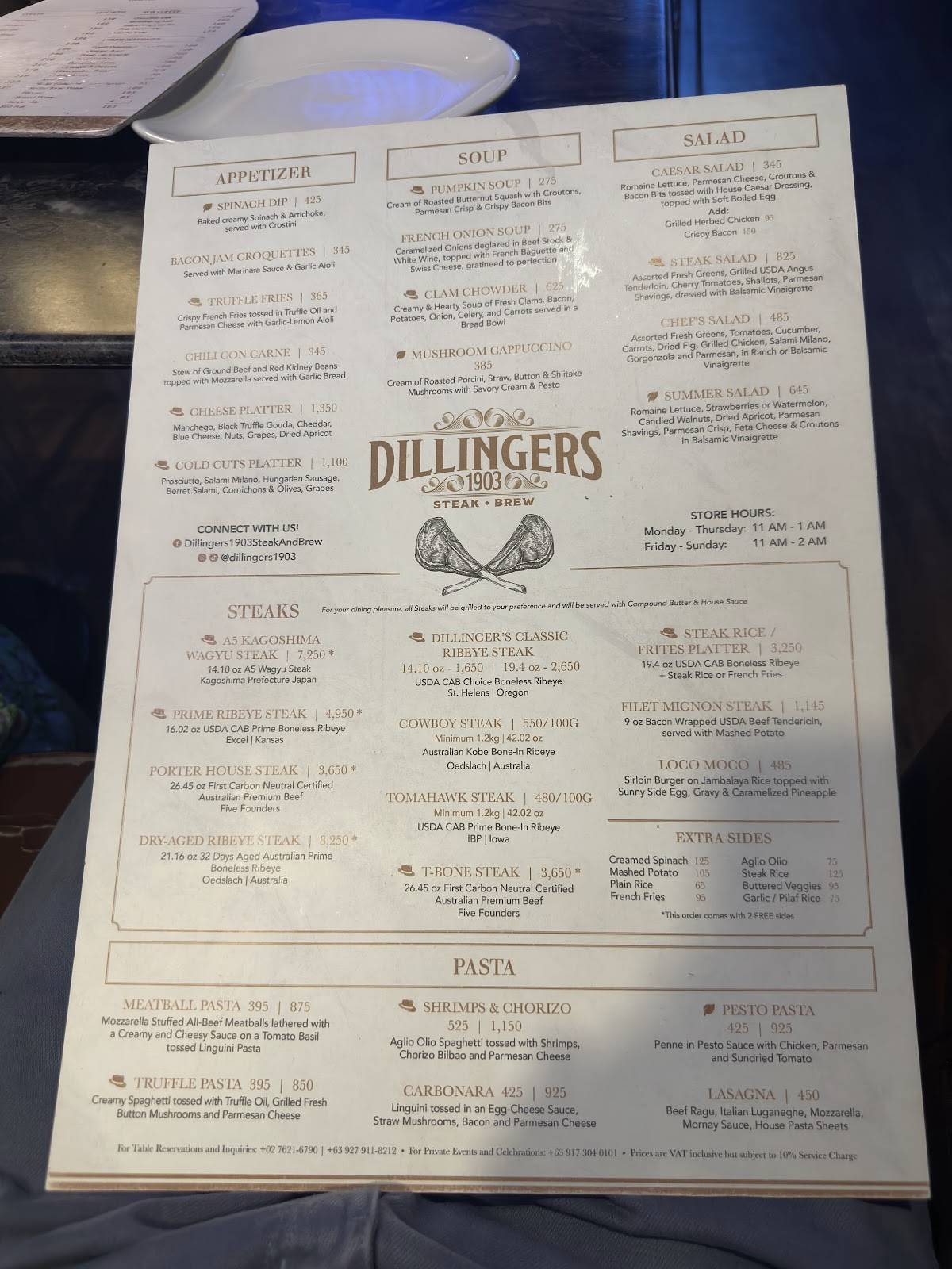 Menu at Dillingers 1903 Steak and Brew pub & bar, Makati