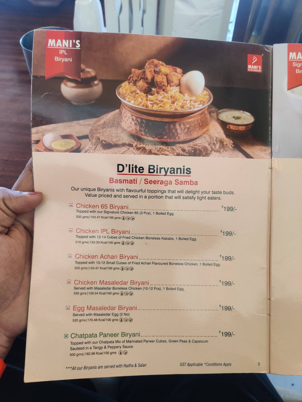 Mani's Dum Biryani - J P Nagar menu
