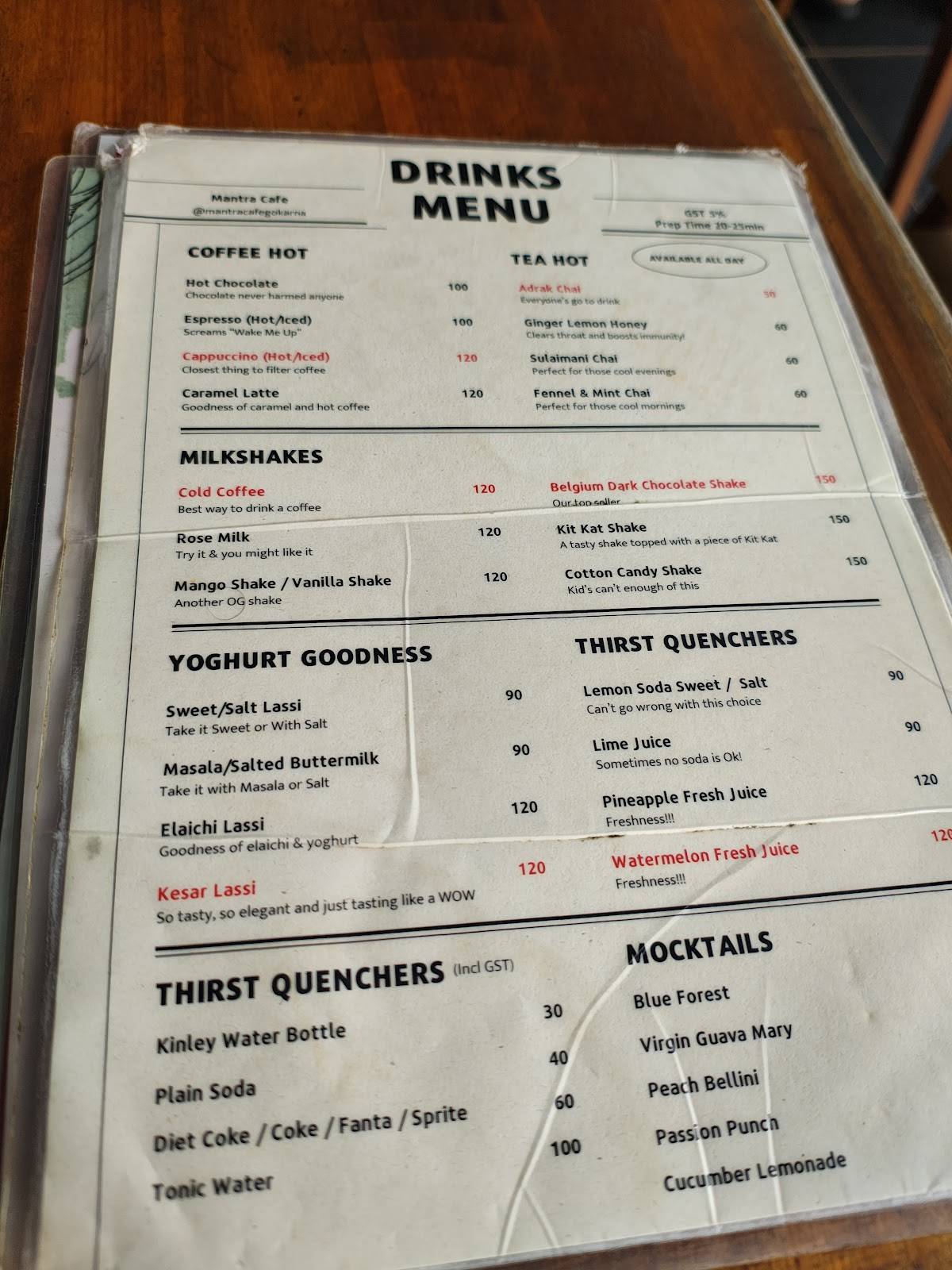 Mantra Cafe menu