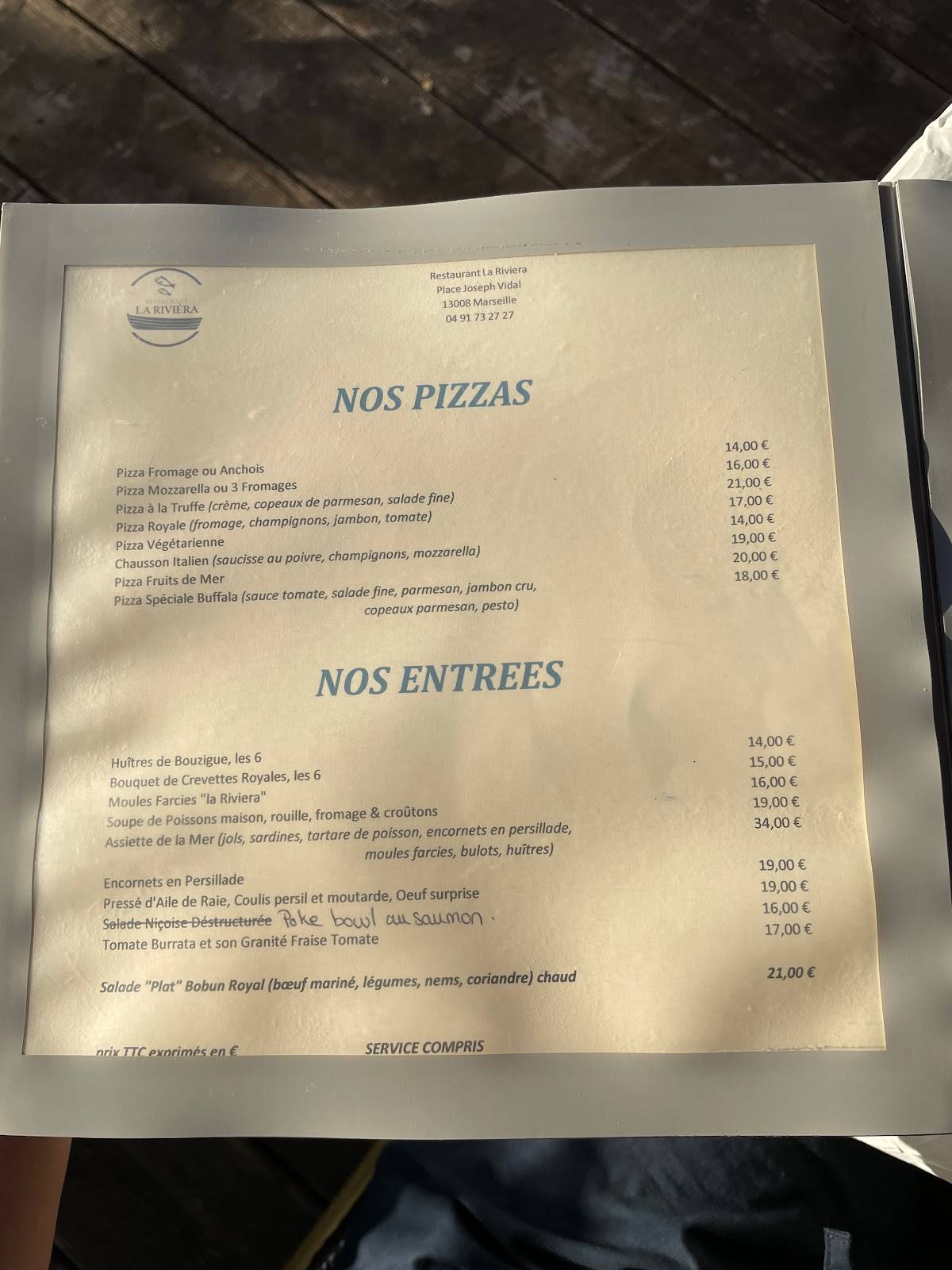 Menu de La Riviera - Restaurant Marseille