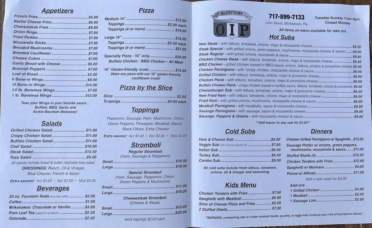 Menu at McVeytown Original Italian Pizza pizzeria, McVeytown
