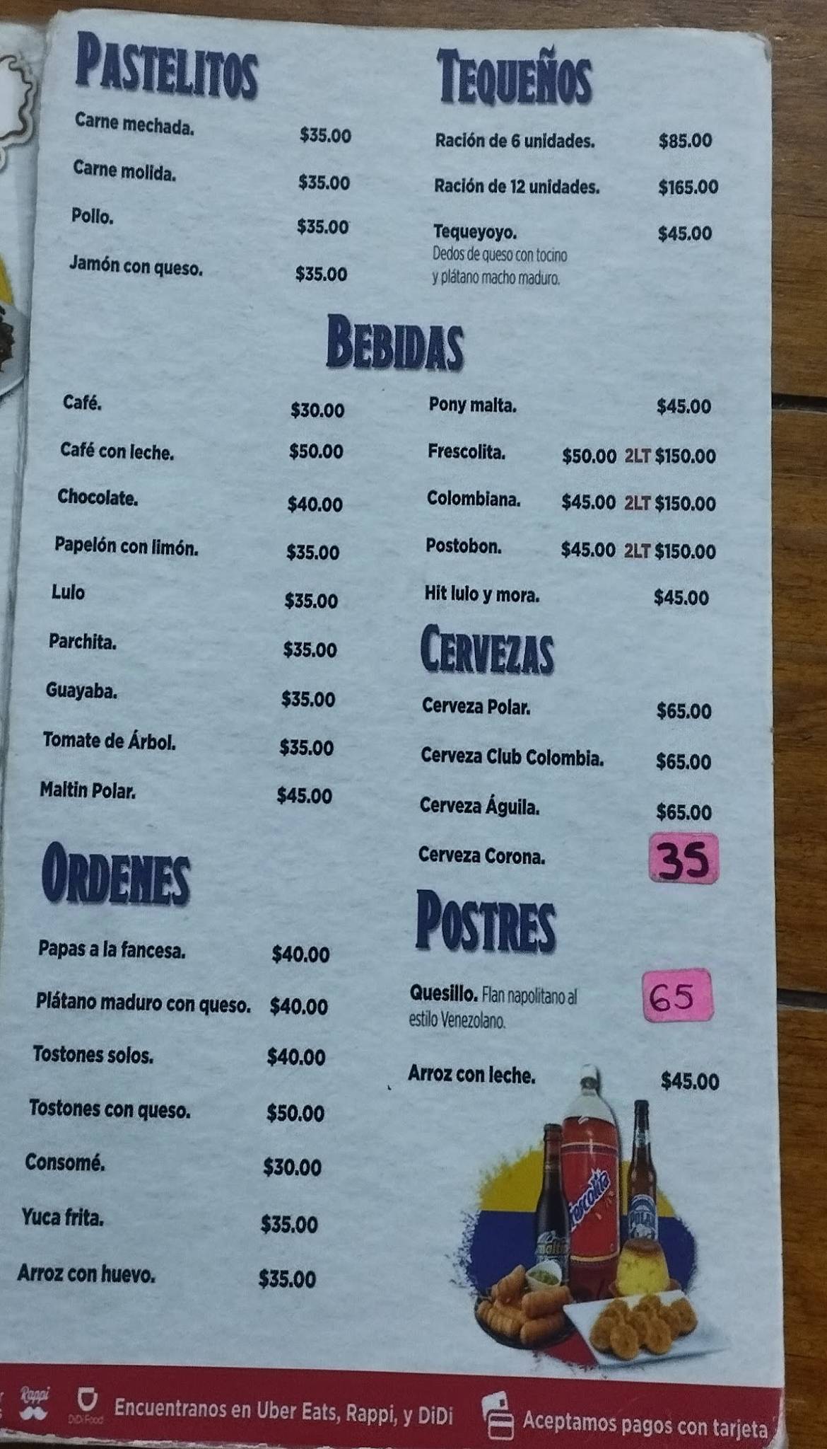 Carta del restaurante Mi pueblo-comida venezolana, Ciudad del México