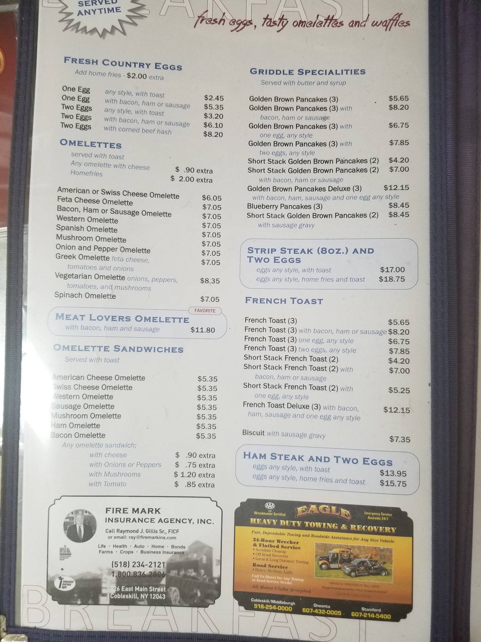 Menu at Middleburgh Diner restaurant, Middleburgh