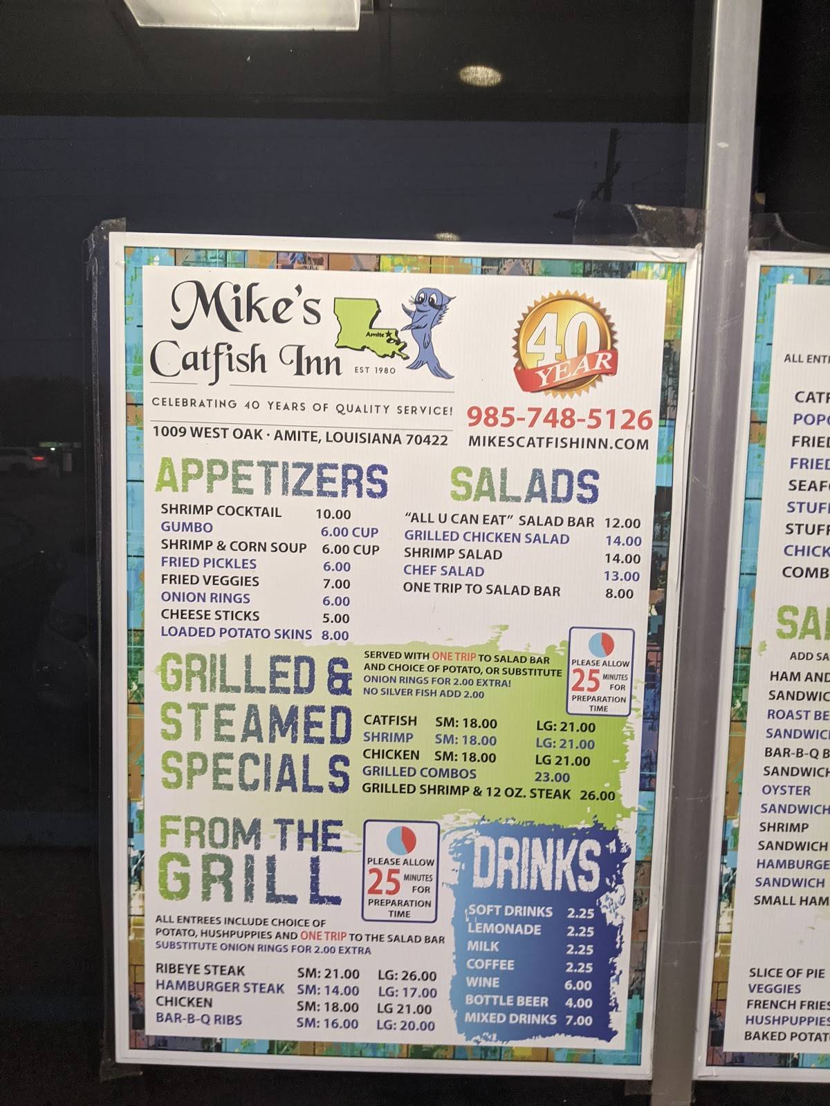 Menu at Mike's Catfish Inn restaurant, Amite City
