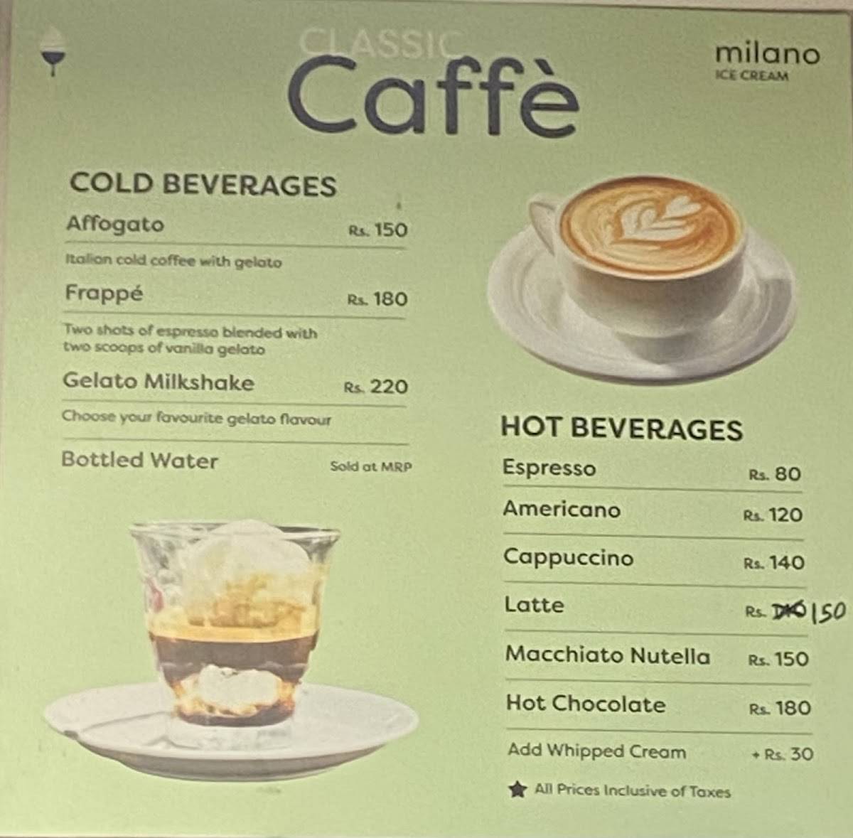 Milano Ice Cream menu