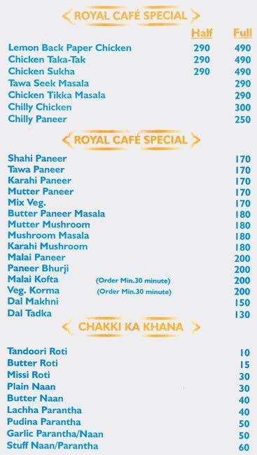 Minis Royal Cafe Restaurant menu