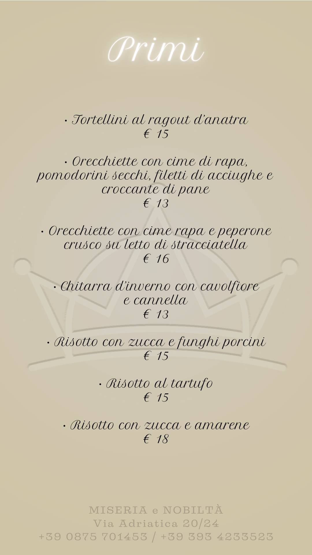 Menu di Miseria e Nobiltà 